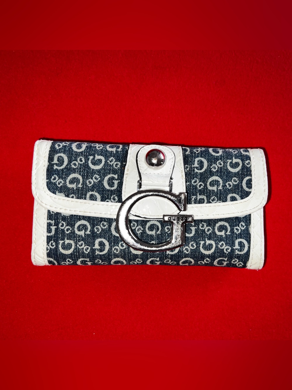 Guess Blue Denim Monogram  Wallet with White Trim